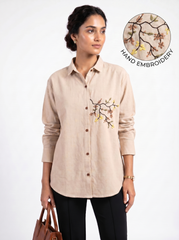 Beige Botanical Hand-Embroidered Shirt Top
