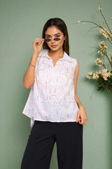 White Sleeveless Top Botanical Floral Design