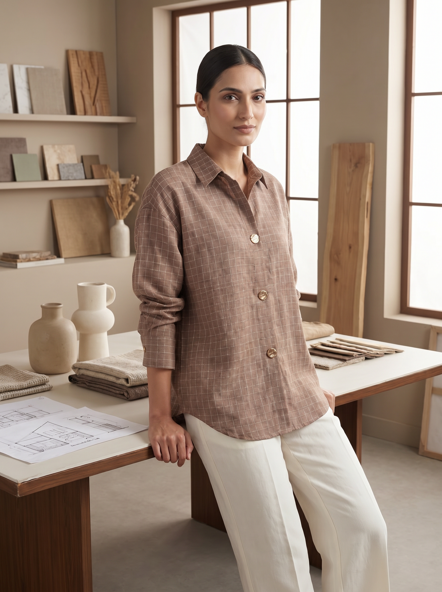 A refined mocha taupe shirt top featuring a subtle windowpane check pattern for a smart, modern look. The classic collar and gold-tone statement buttons add a polished touch, while the relaxed silhouette keeps it comfortable and easy to wear