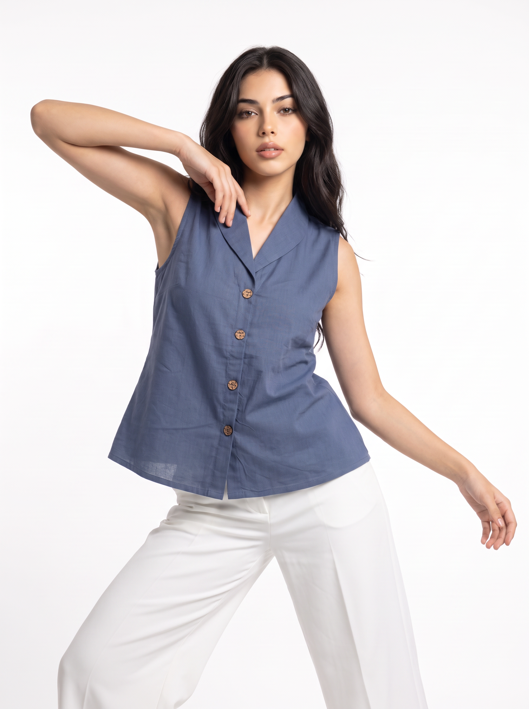 A smart dusty blue sleeveless top featuring a tailored lapel collar for a clean and contemporary look. 