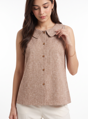 Mocha Textured Peter Pan Collar Button-Front Top