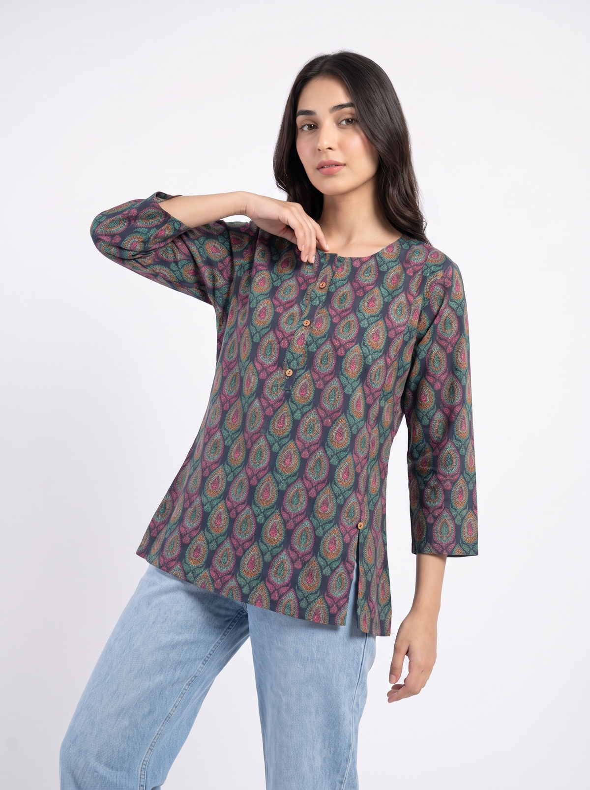 Deep Green Paisley Print Relaxed Tunic Top