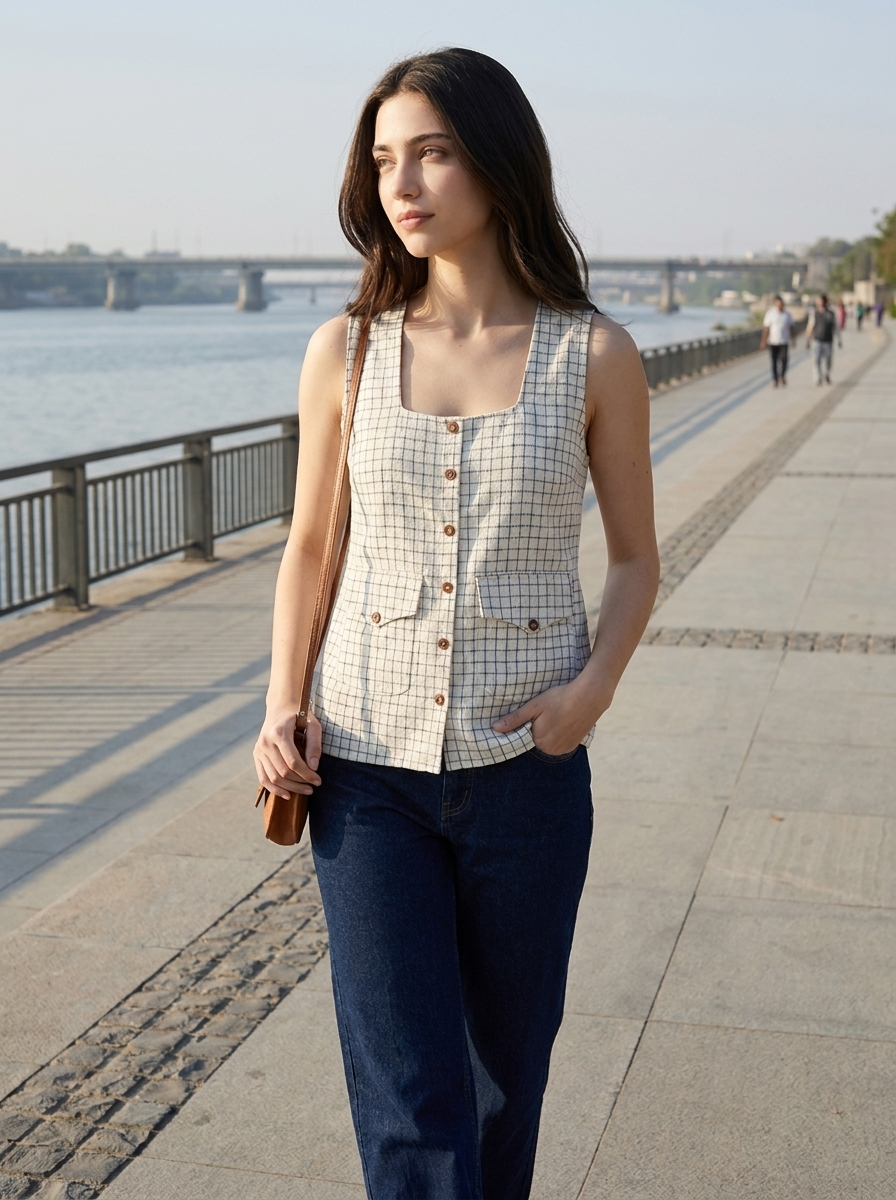 A woman walking along a riverside promenade wearing a sleeveless beige and white checkered vest with brown buttons, paired with dark blue jeans.