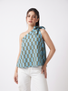 Sky Blue Olive Check One-Shoulder Bow Top