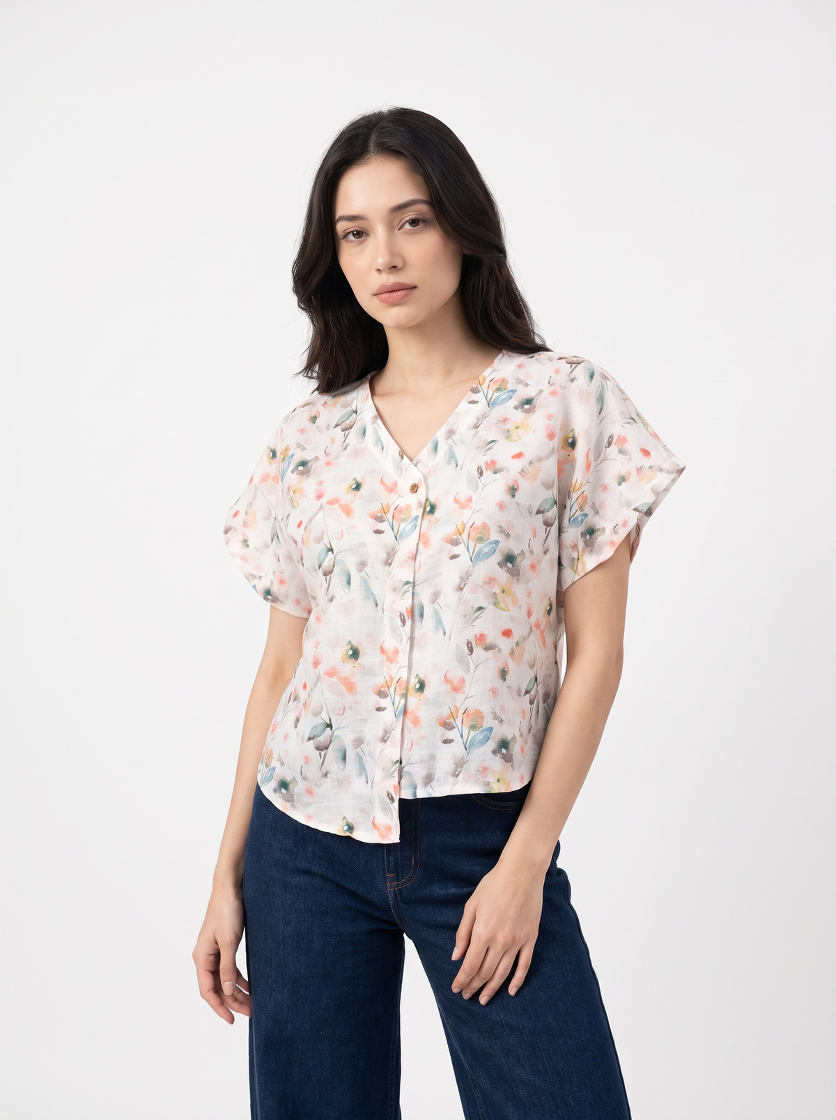 Soft Petal Watercolor V-Neck Button Top