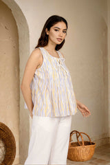 Multi Color Sleeveless Round Neck Pleated Top