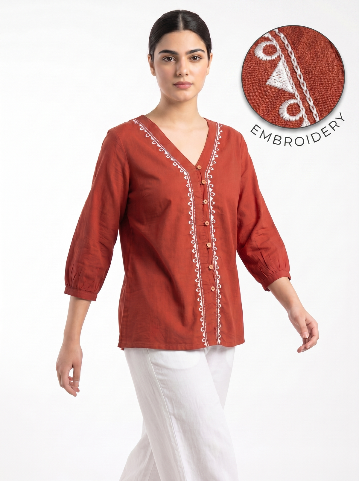 Orange Embroidered V-Neck Button Top