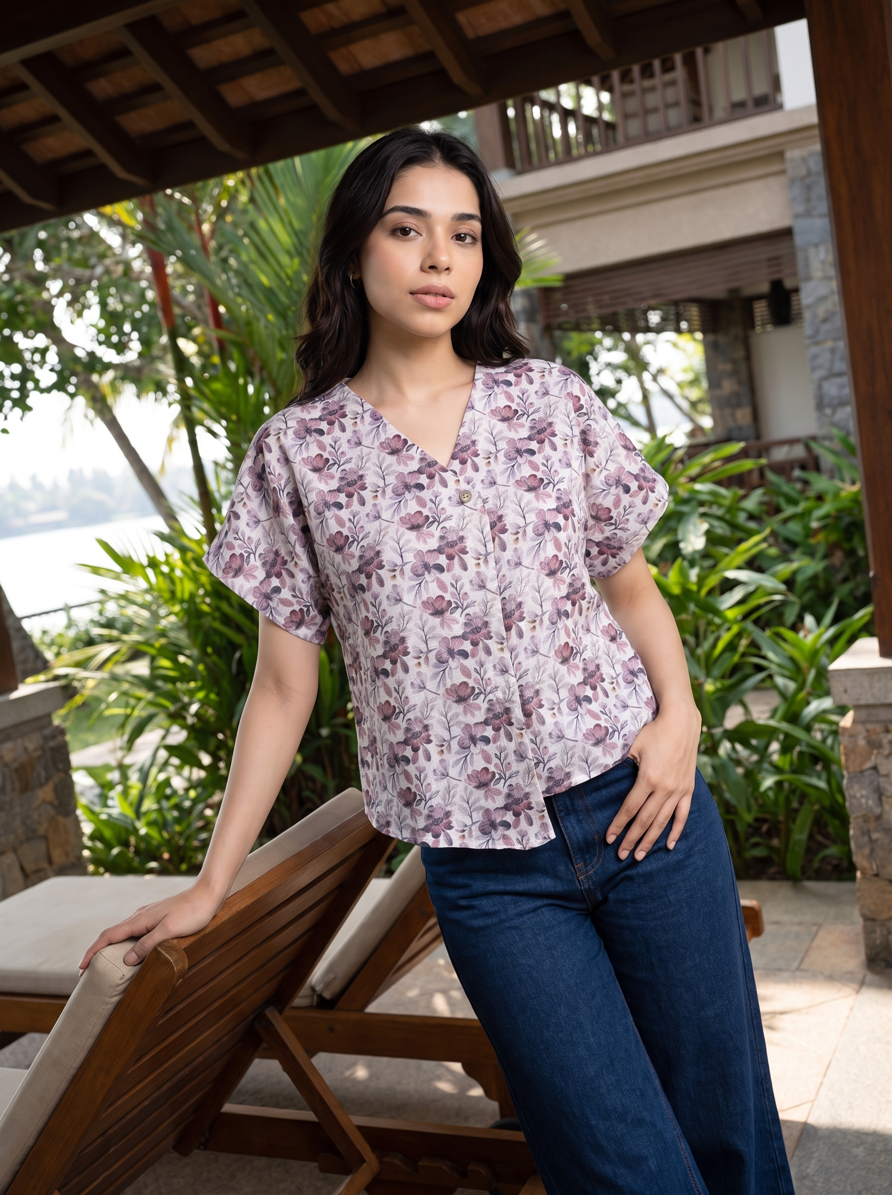 A woman wearing a short-sleeve V-neck blouse with a purple and pink floral pattern on a light background, paired with dark blue jeans, standing in a tropical resort setting.