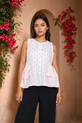 White Sleeveless Top Tiny Dot Textured Pattern