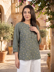 Olive Green Multicolor Leaf-Motif Embroidered Split-Neck Top