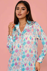 Women’s Multi-Color Satin Shirt with Geometric Print Smart Office Outfit