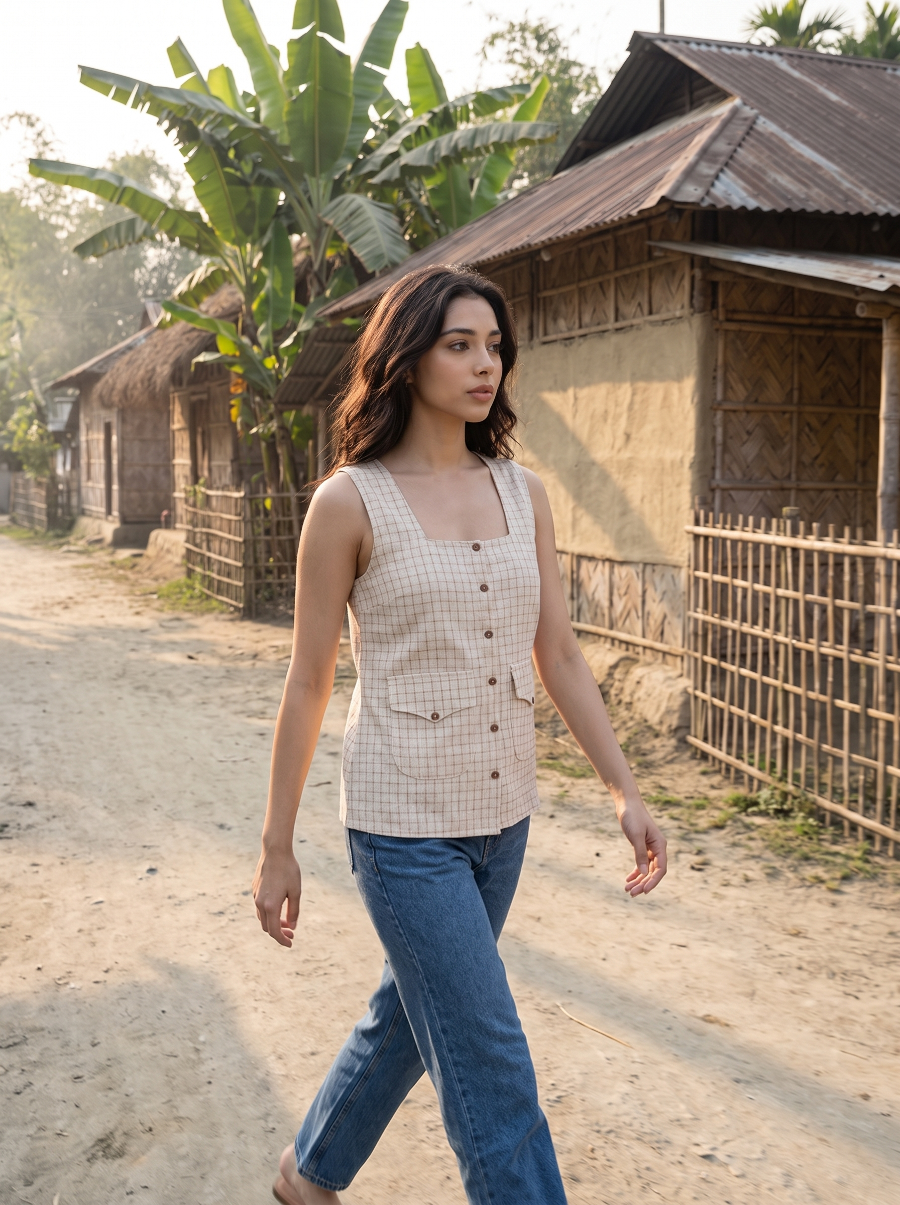 A woman walking outdoors on a dirt path beside rustic thatched-roof houses and banana plants, wearing a sleeveless beige-and-white gingham top with front buttons and blue jeans.