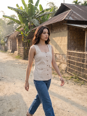 A woman walking outdoors on a dirt path beside rustic thatched-roof houses and banana plants, wearing a sleeveless beige-and-white gingham top with front buttons and blue jeans.
