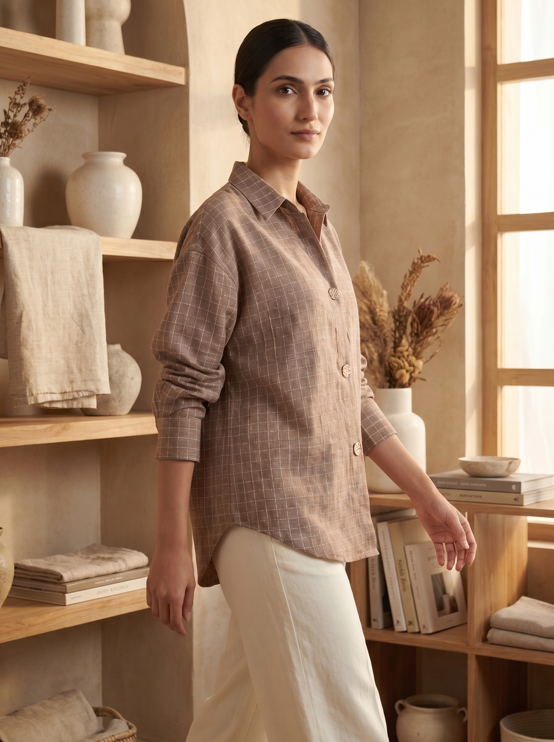 A refined mocha taupe shirt top featuring a subtle windowpane check pattern for a smart, modern look. The classic collar and gold-tone statement buttons add a polished touch, while the relaxed silhouette keeps it comfortable and easy to wear