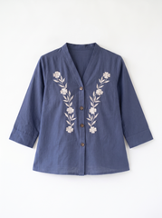 Indigo Bloom Embroidered V-Neck Button-Front Top