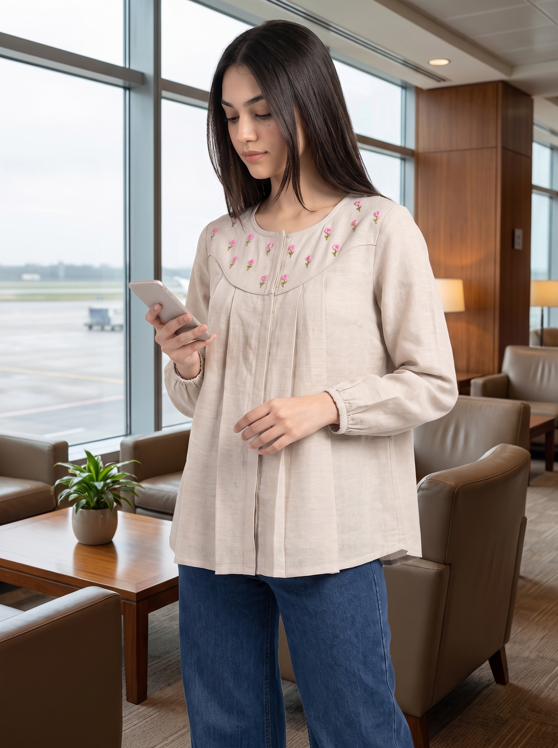 A woman stands in a modern lounge area near large windows, holding a smartphone. She is wearing a light beige linen long-sleeve blouse with pink floral embroidery around the round neckline, paired with blue jeans.