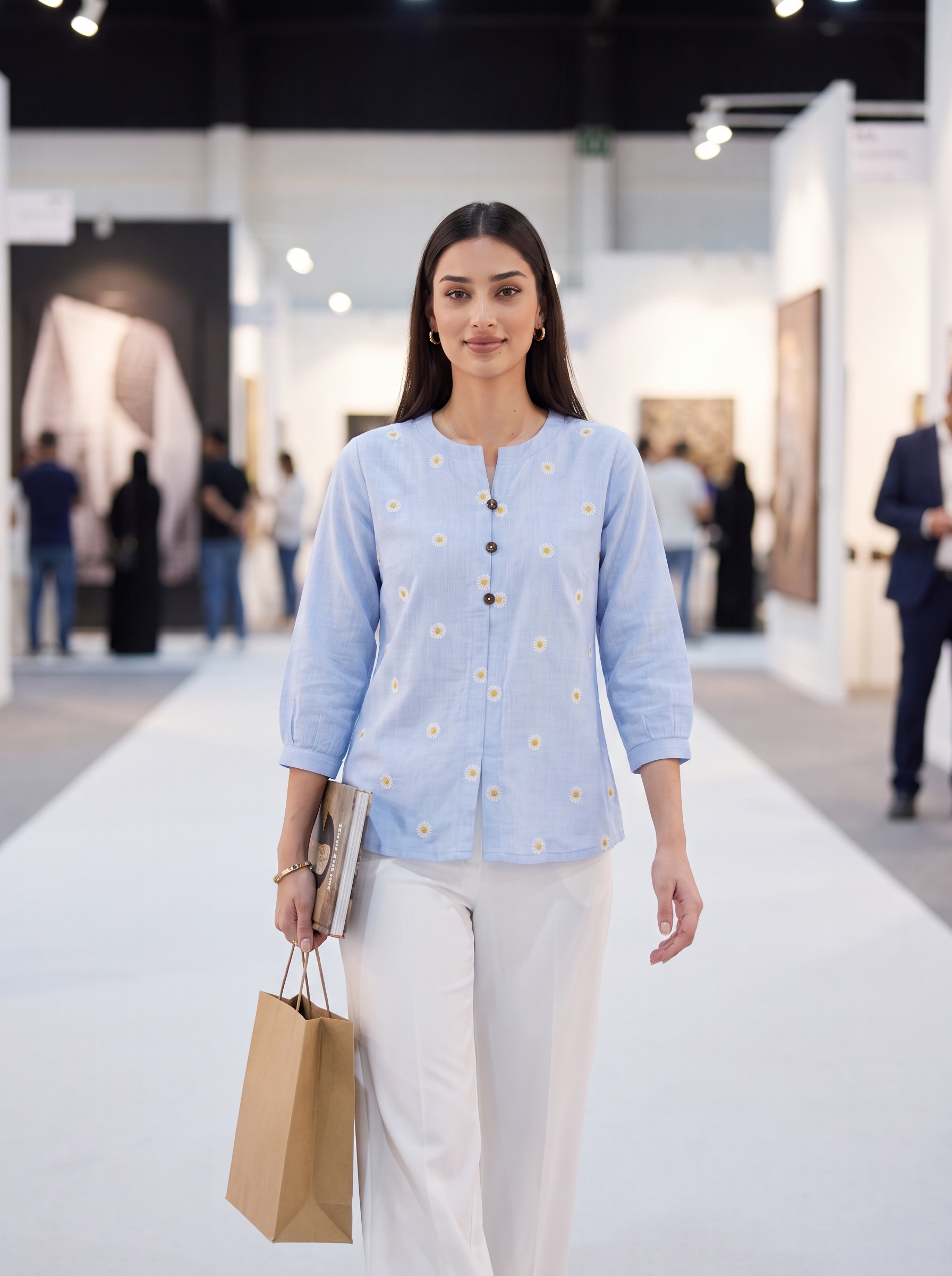 Add a fresh and feminine touch to your everyday wardrobe with this sky blue top, featuring delicate white daisy embroidery with mustard centres scattered across the front, a subtle split neckline, and contrast button detailing
