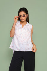 White Sleeveless Top Botanical Floral Design