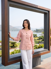 Blush Pink Heart-Motif Embroidered Split-Neck Top