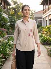 Beige Hand-Embroidered Floral Button-Down Shirt Top
