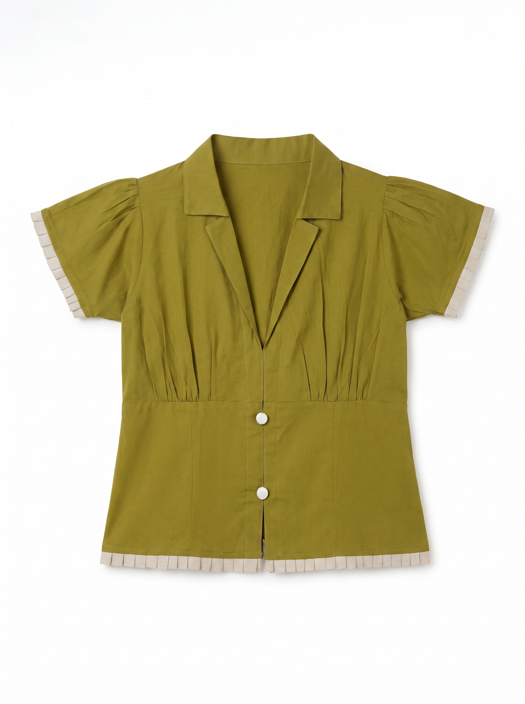 An olive green short-sleeve blouse with cream-colored ruffled trim on the sleeve cuffs, button placket, and hem, displayed flat against a white background.