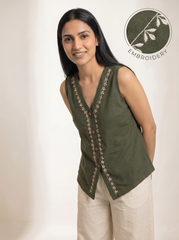 Olive Green Leaf Embroidered Sleeveless Button Top