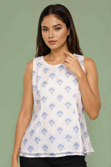 White Ikat Crochet Top Sleeveless Casual Wear