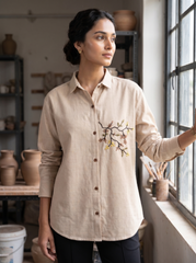 Beige Botanical Hand-Embroidered Shirt Top