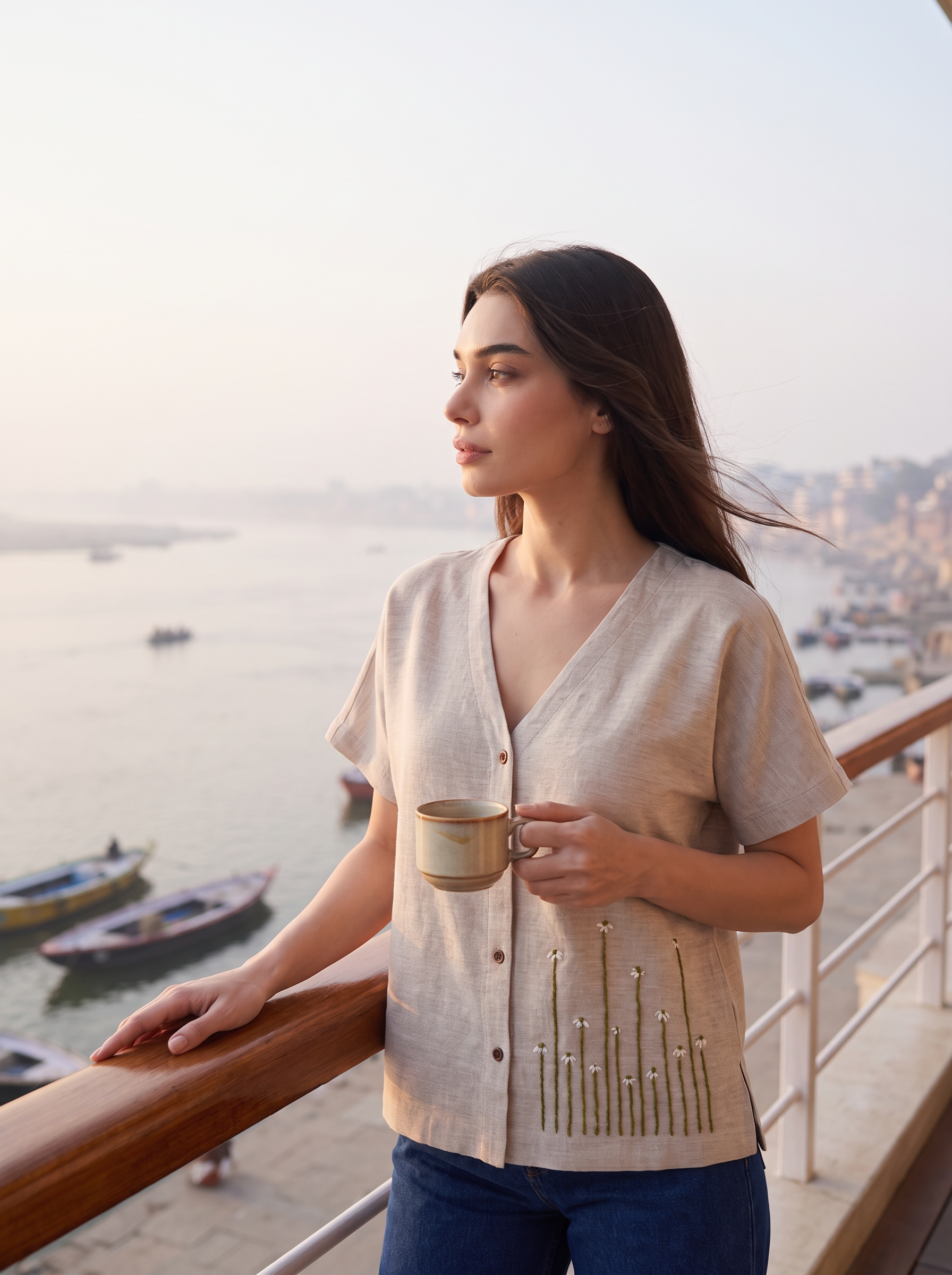 A woman stands on a balcony overlooking water and boats, wearing a light beige short-sleeve button-front cardigan with embroidered details and holding a small beige mug.