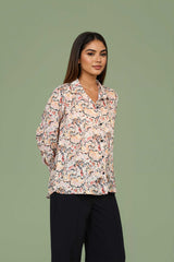 Beige Satin Abstract Print Long Sleeve Shirt for Women Party-Ready Style
