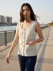 Off White Grid Check Sleeveless Button-Front Top