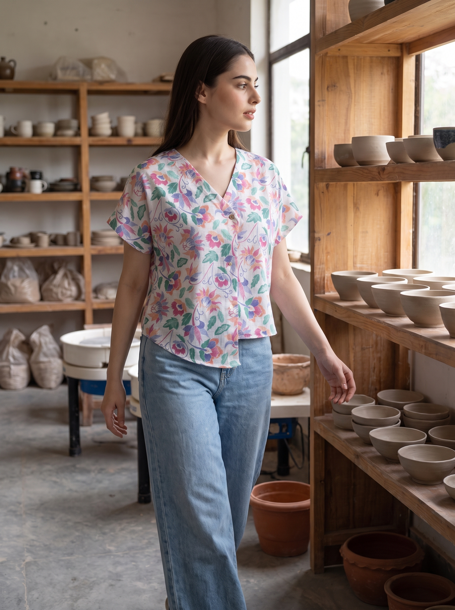 A woman wearing a short-sleeve floral V-neck blouse and light blue jeans walks through a pottery studio filled with shelves of ceramic bowls and pots.