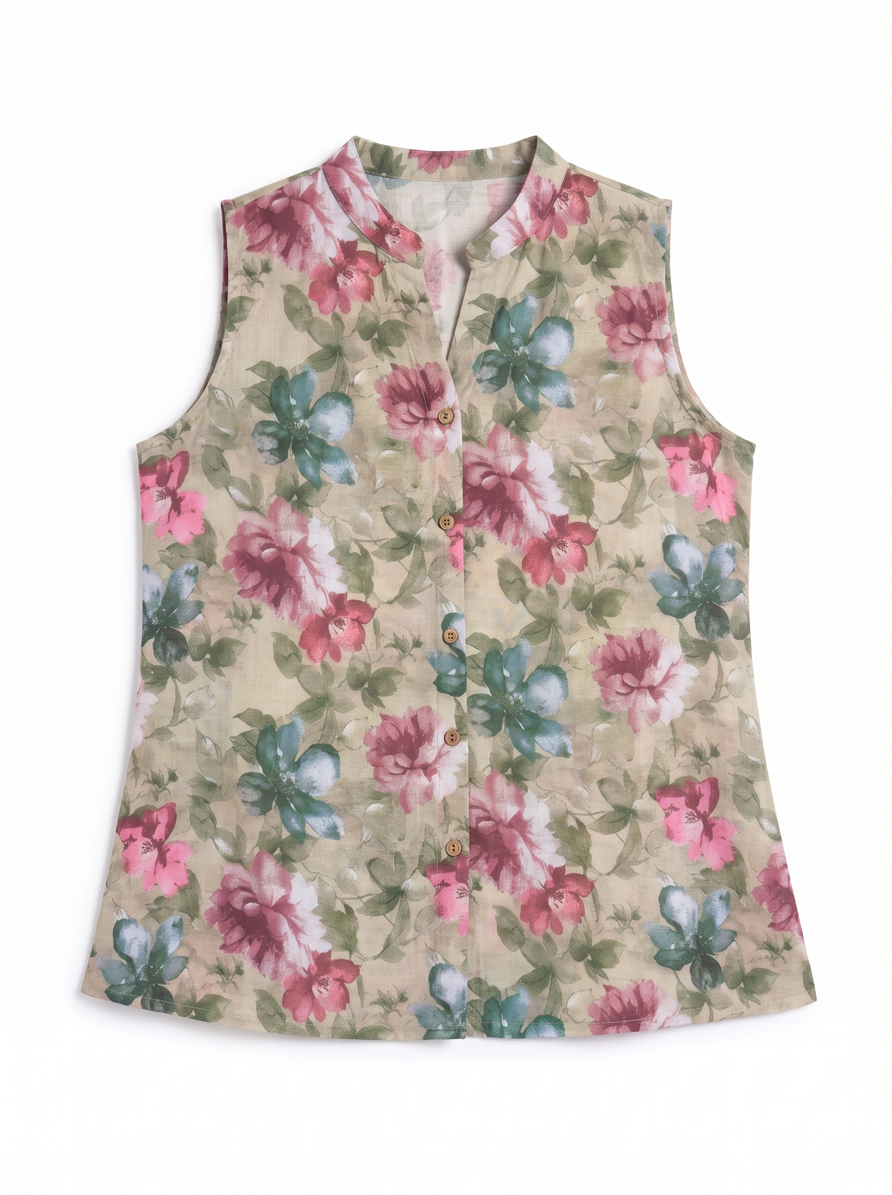 A sleeveless button-front vest with a beige base and a colorful floral print featuring pink, blue, and green flowers and leaves, displayed flat against a white background.