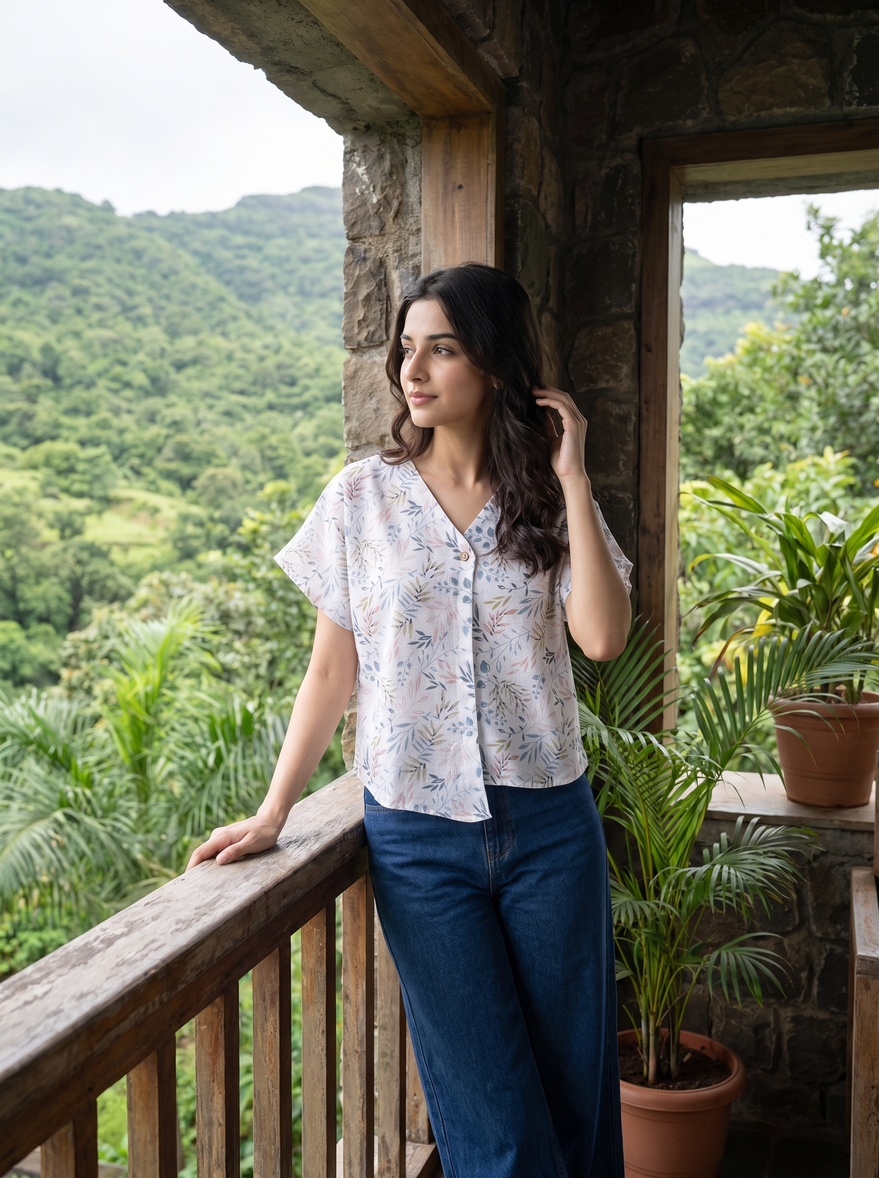A woman wearing a white short-sleeve blouse with a delicate blue and green floral print, paired with dark blue jeans, walking along a mountain path with misty peaks in the background.