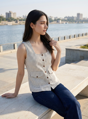 Off White Grid Check Sleeveless Button-Front Top