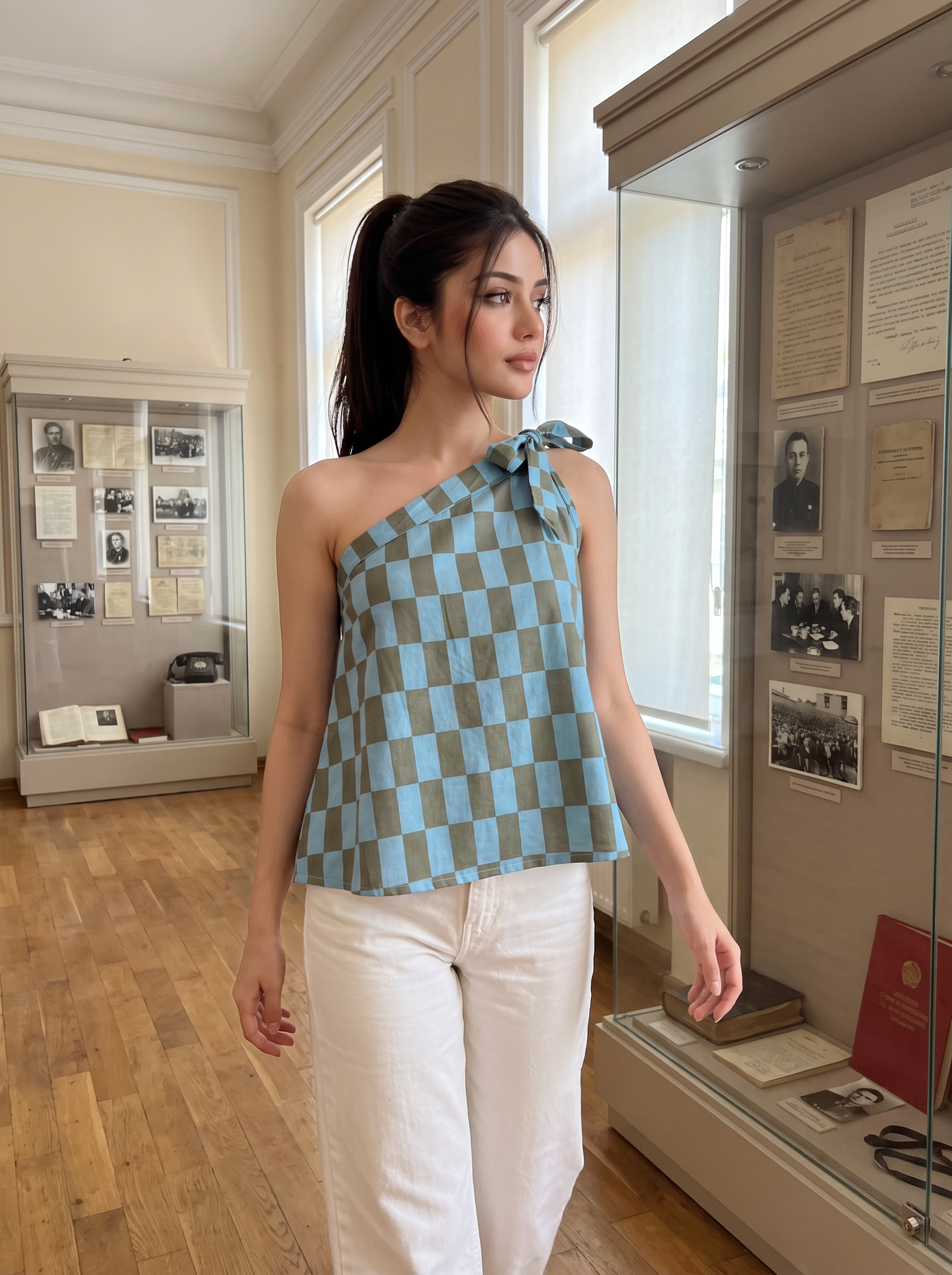 A woman wearing a blue and gray checkered one-shoulder top with a tie detail at the shoulder, paired with white pants, standing in a museum or historical building with display cases and wooden floors.