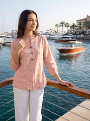 Blush Pink Heart-Motif Embroidered Split-Neck Top