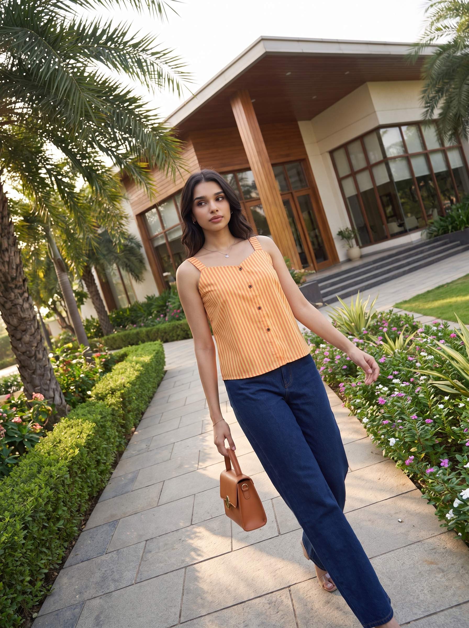 A woman walking outdoors on a paved path in front of a modern building, wearing a sleeveless orange and white vertically striped top with dark blue jeans and carrying a brown handbag.