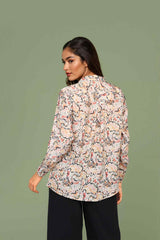 Beige Satin Abstract Print Long Sleeve Shirt for Women Party-Ready Style