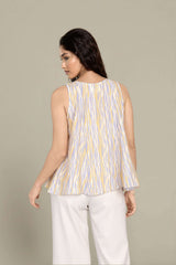 Multi Color Sleeveless Round Neck Pleated Top