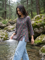 Deep Green Paisley Print Relaxed Tunic Top