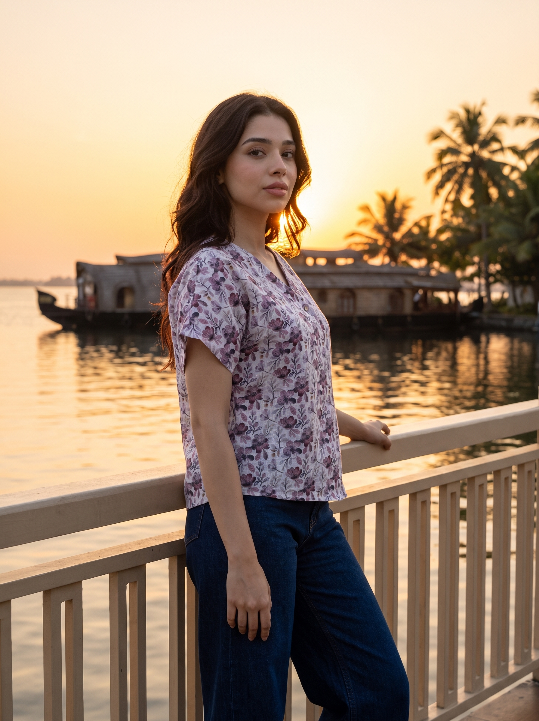 A woman stands by a railing at sunset beside a body of water, wearing a short-sleeve V-neck blouse with a purple and white floral pattern and dark blue jeans.