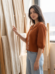 Terracotta Bloom Embroidered Statement-Collar Top