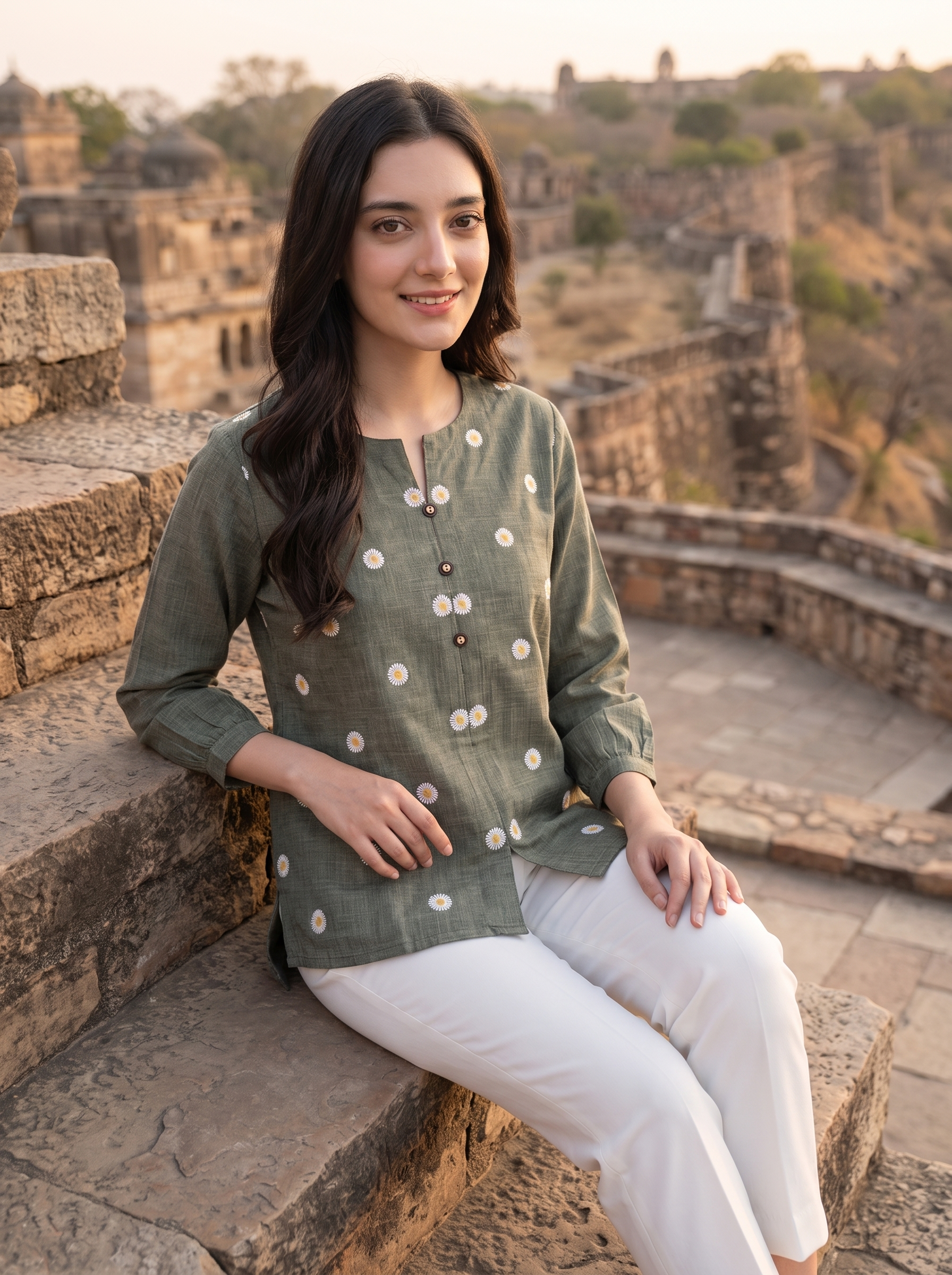 A woman sitting on stone steps at a historic fort, wearing an olive green linen kurta with white floral prints and white trousers.