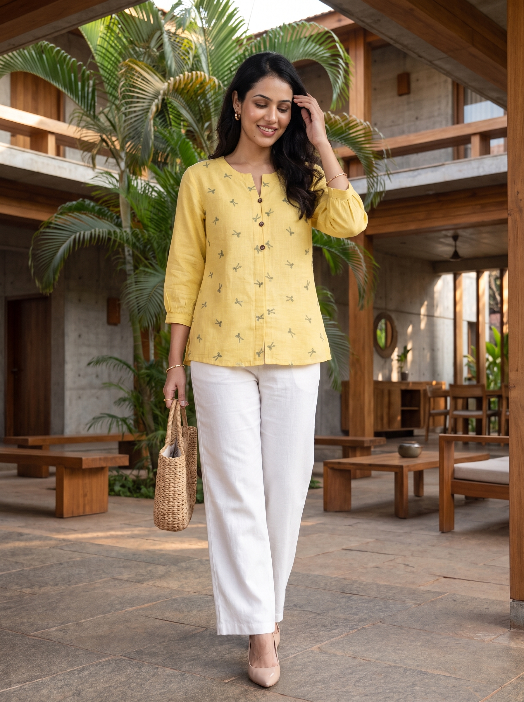 A woman walking in a modern outdoor courtyard wearing a light yellow embroidered kurta with white wide-leg trousers, holding a woven straw bag.