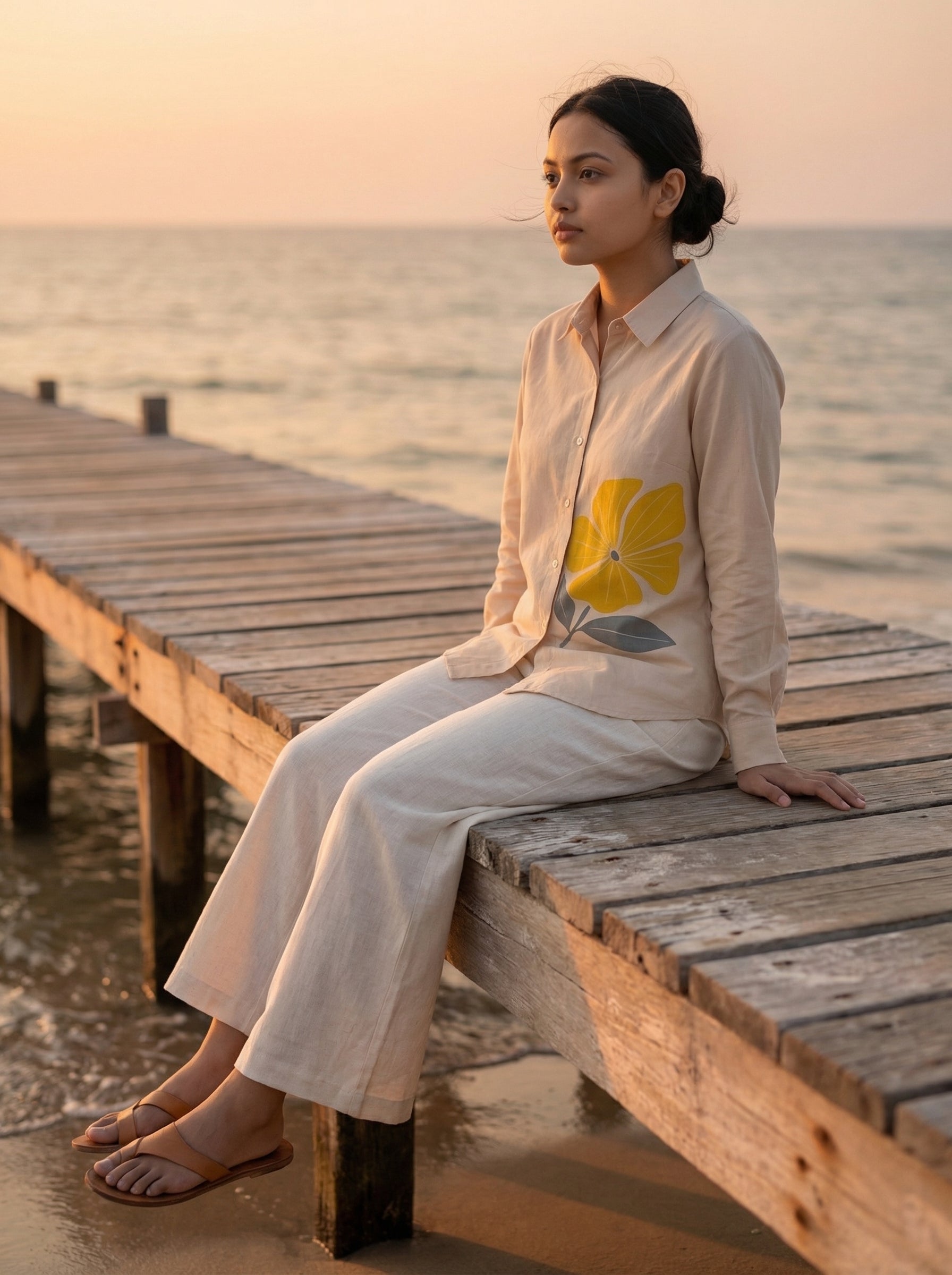 A woman sits on a wooden pier by the ocean at sunset, wearing a light beige button-up shirt with a large yellow floral print and matching wide-leg pants.