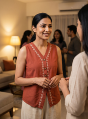 A stylish rust red sleeveless top featuring delicate off-white leaf vine embroidery along the V-neckline and front placket for a refined handcrafted look.