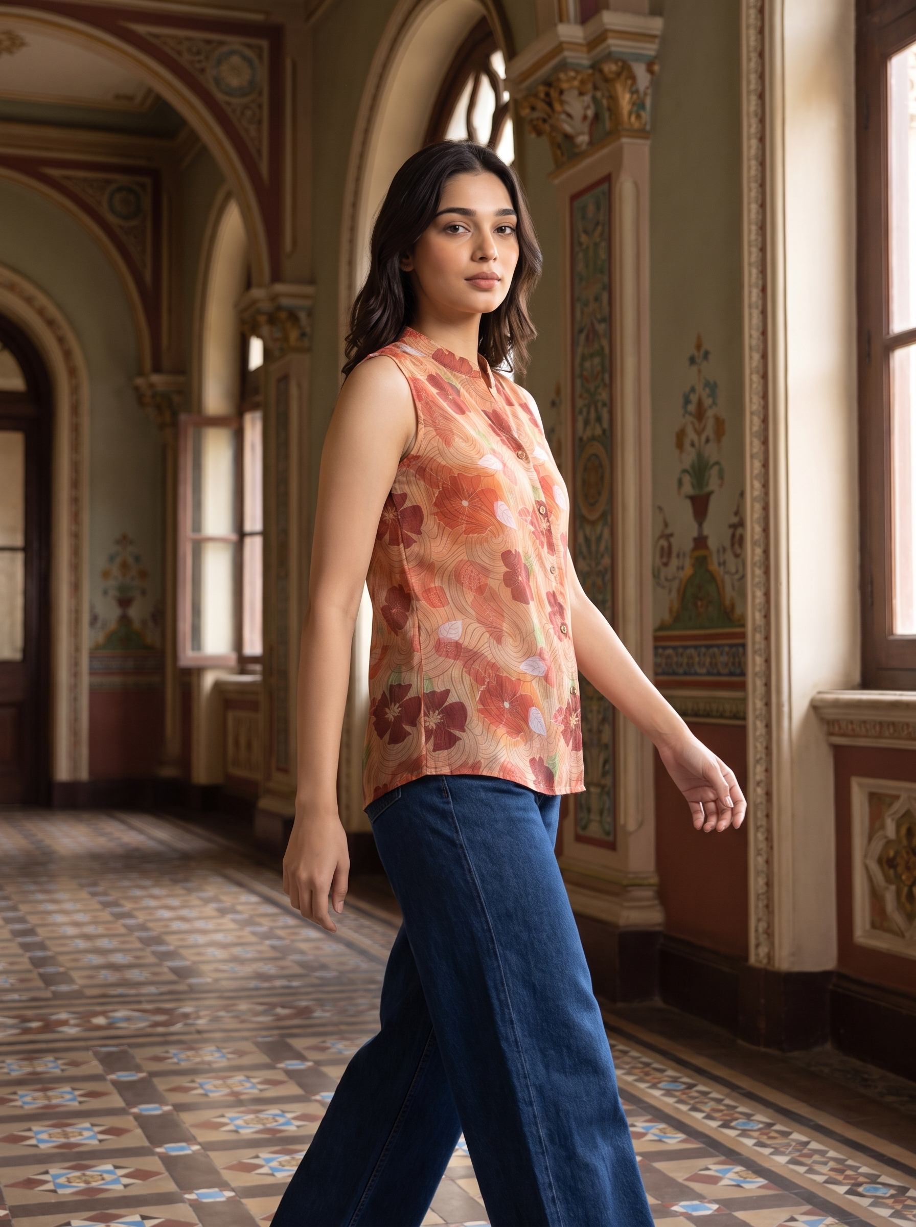 A woman walks through an ornate hallway wearing a sleeveless, floral-print top in peach and orange tones with blue wide-leg jeans.