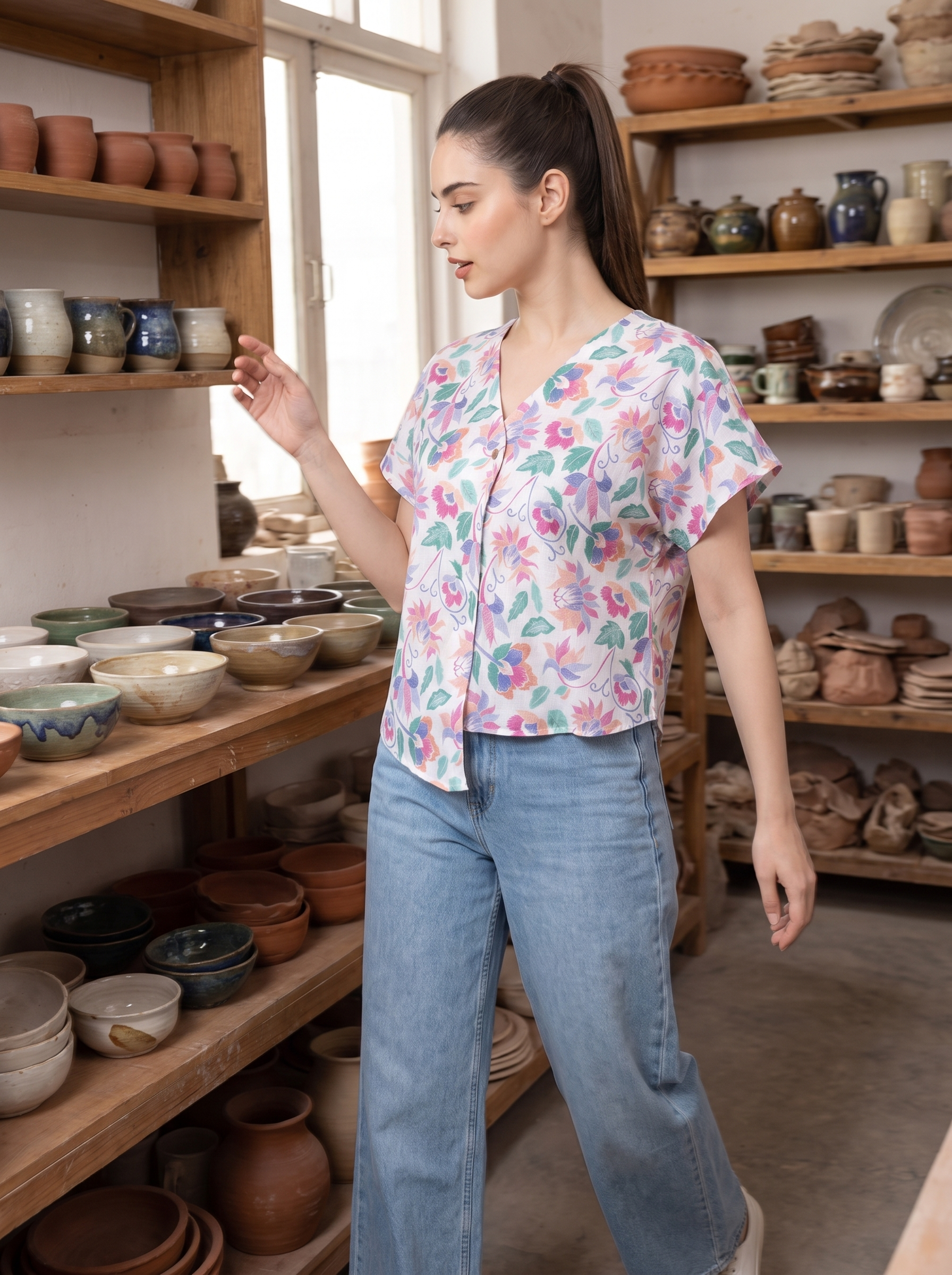 A woman in a pottery studio wearing a floral print short-sleeve shirt and blue jeans, holding a small handmade ceramic bowl. Shelves filled with various ceramic bowls and plates are visible in the background and foreground.