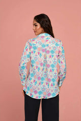 Women’s Multi-Color Satin Shirt with Geometric Print Smart Office Outfit